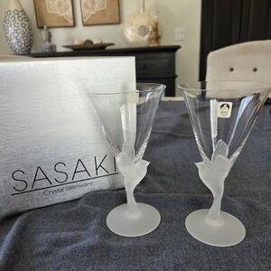 Sasaki Wings Wine/Water Doves 24% Lead Crystal Goblets Set Of 2 Japan